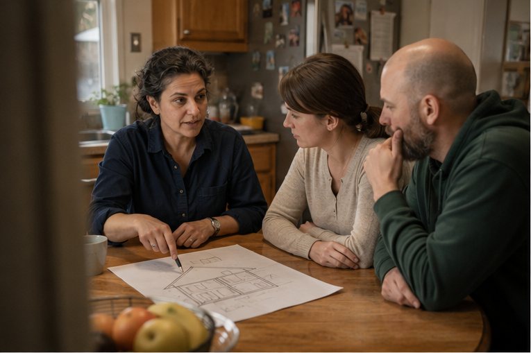 Mara explaining a house section drawing to two homeowners at a kitchen table