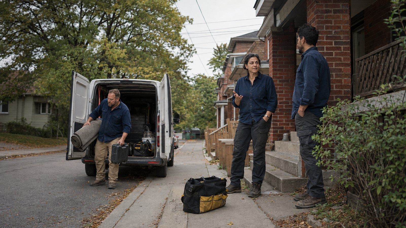 The Latchline crew arriving at a Toronto brick house and unloading floor protection