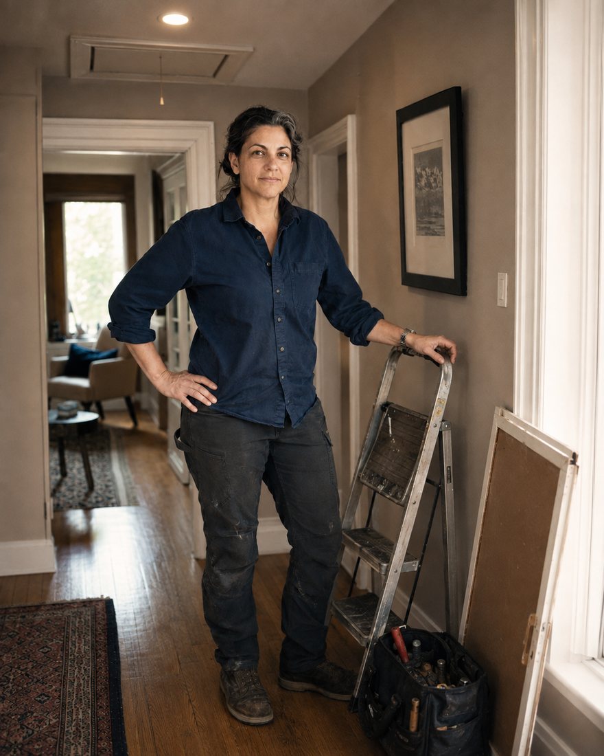 Mara Velwick standing beside a step ladder in a hallway below an open attic hatch